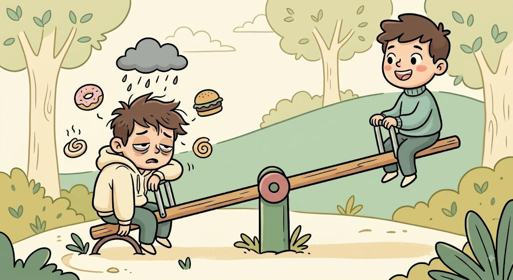 A cartoon seesaw showing the same person twice: tired and weighed down on the low side surrounded by junk food and a rain cloud, and cheerful and well-rested raised high on the other, showing how sleep tips the balance.