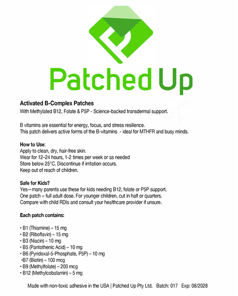 Back packaging of Patched Up Smart B-Complex Patches showing ingredients (thiamine, riboflavin, niacin, pantothenic acid, P5P B6, biotin, methylfolate, methylcobalamin), dosage, and usage instructions. Activated B vitamins support energy, focus, stress resilience, and are suitable for people with MTHFR gene variants.