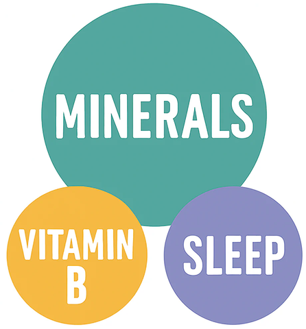 Three colored circles with 'MINERALS', 'VITAMIN B', and 'SLEEP' text on a white background.
