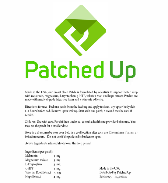 Back packaging of Patched Up Smart Sleep Patches showing ingredients (melatonin, magnesium, L-tryptophan, 5-HTP, valerian, hops) and usage instructions.