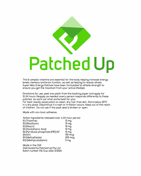 Back packaging of Patched Up Smart B-Complex Patches showing ingredients (thiamine, riboflavin, niacin, pantothenic acid, P5P B6, biotin, methylfolate, methylcobalamin), dosage, and usage instructions. Activated B vitamins support energy, focus, stress resilience, and are suitable for people with MTHFR gene variants.