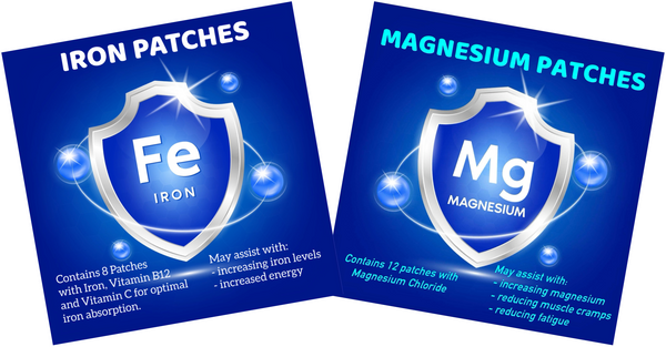 Front packaging of Patched Up Smart Iron Patches with iron, vitamin B12 and vitamin C, shown alongside Smart Magnesium Patches with magnesium chloride. Combo supports energy, muscle recovery, sleep, and fatigue relief.