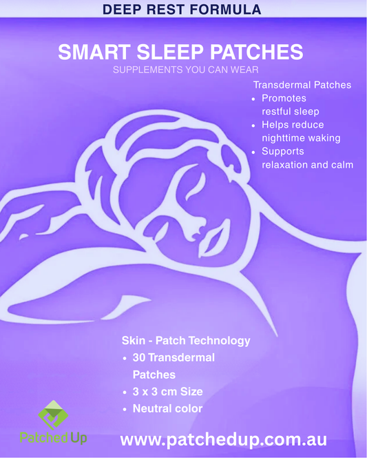 Front packaging of Patched Up Smart Sleep Patches, Deep Rest Formula. Box highlights 30 transdermal patches with melatonin, magnesium, valerian, hops, tryptophan, and 5-HTP to support restful sleep and relaxation.