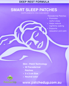 Front packaging of Patched Up Smart Sleep Patches, Deep Rest Formula. Box highlights 30 transdermal patches with melatonin, magnesium, valerian, hops, tryptophan, and 5-HTP to support restful sleep and relaxation.