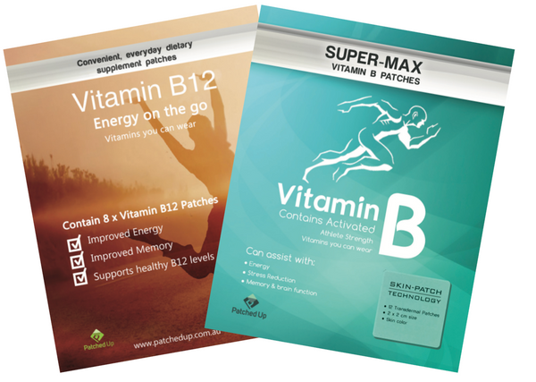 Front packaging of Patched Up Vitamin B Combo showing Vitamin B12 Patches for energy, memory, and healthy B12 levels, alongside Activated B-Complex Patches supporting focus, stress reduction, and brain function.