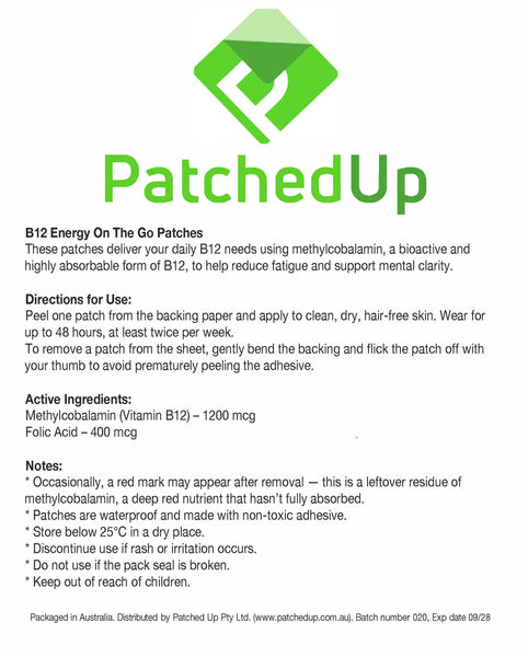 Back packaging of Patched Up Smart B12 Patches showing usage instructions, dosage guidance, and ingredients: methylcobalamin (B12) 1200 mcg and folic acid 400 mcg.