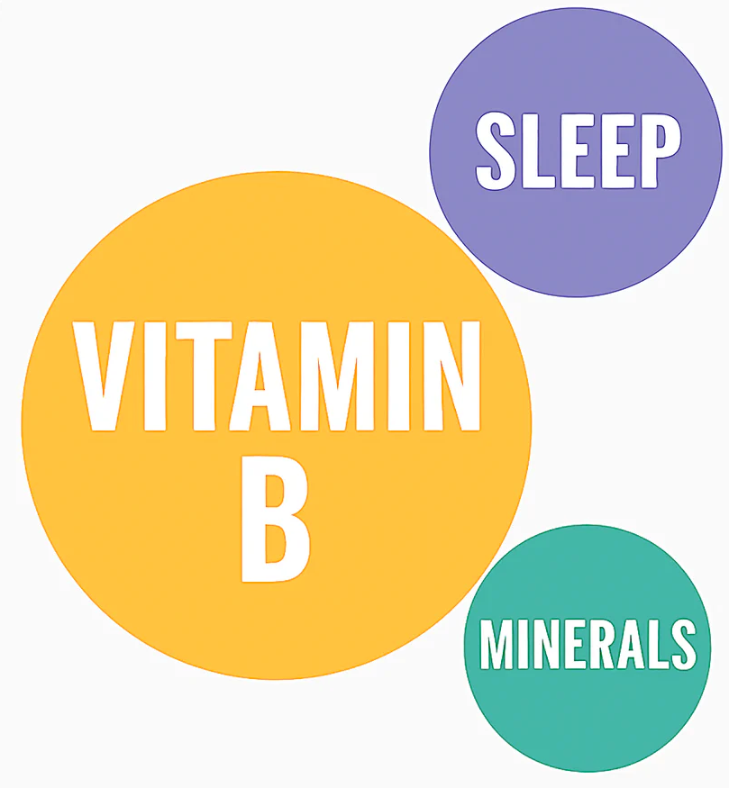 Graphic with circles labeled Vitamin B, Sleep, and Minerals. Represents Patched Up Vitamin B12 and B-Complex patch category for energy, focus, and brain support.