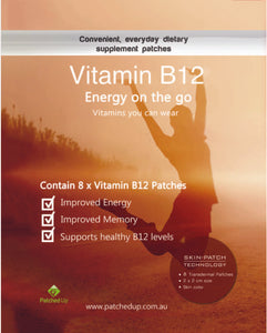 Patched Up Vitamin B12 Patch product packaging showing an energetic figure at sunrise with benefits: improved energy, memory, and B12 levels. Contains 8 transdermal patches.